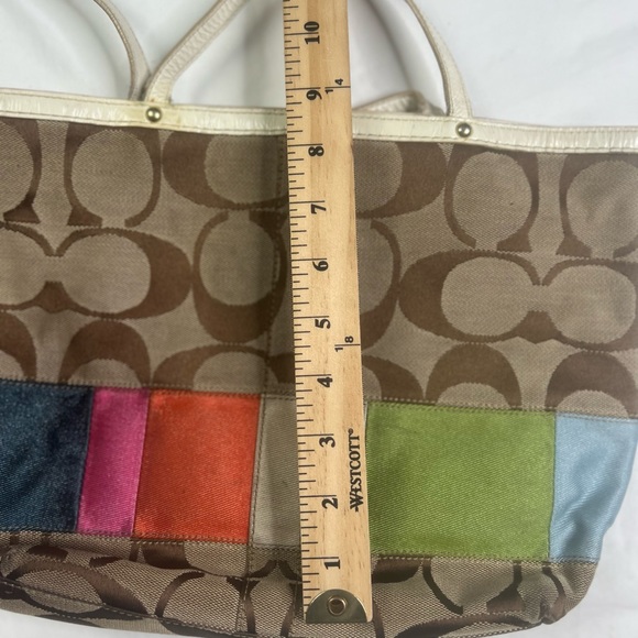 Coach Khaki Signature Legacy Stripe Gold Leather Shoulder Tote 10859 - Picture 4 of 7